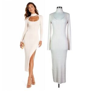 Jonathan Simkhai | Kenny Rib Sandstone Cream Beige Knit Cutout Slit Midi Dress M